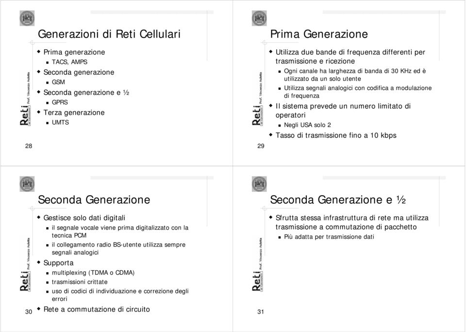 prevede un numero limitato di operatori Negli USA solo 2 Tasso di trasmissione fino a 10 kbps Seconda Generazione Seconda Generazione e ½ 30 Gestisce solo dati digitali il segnale vocale viene prima