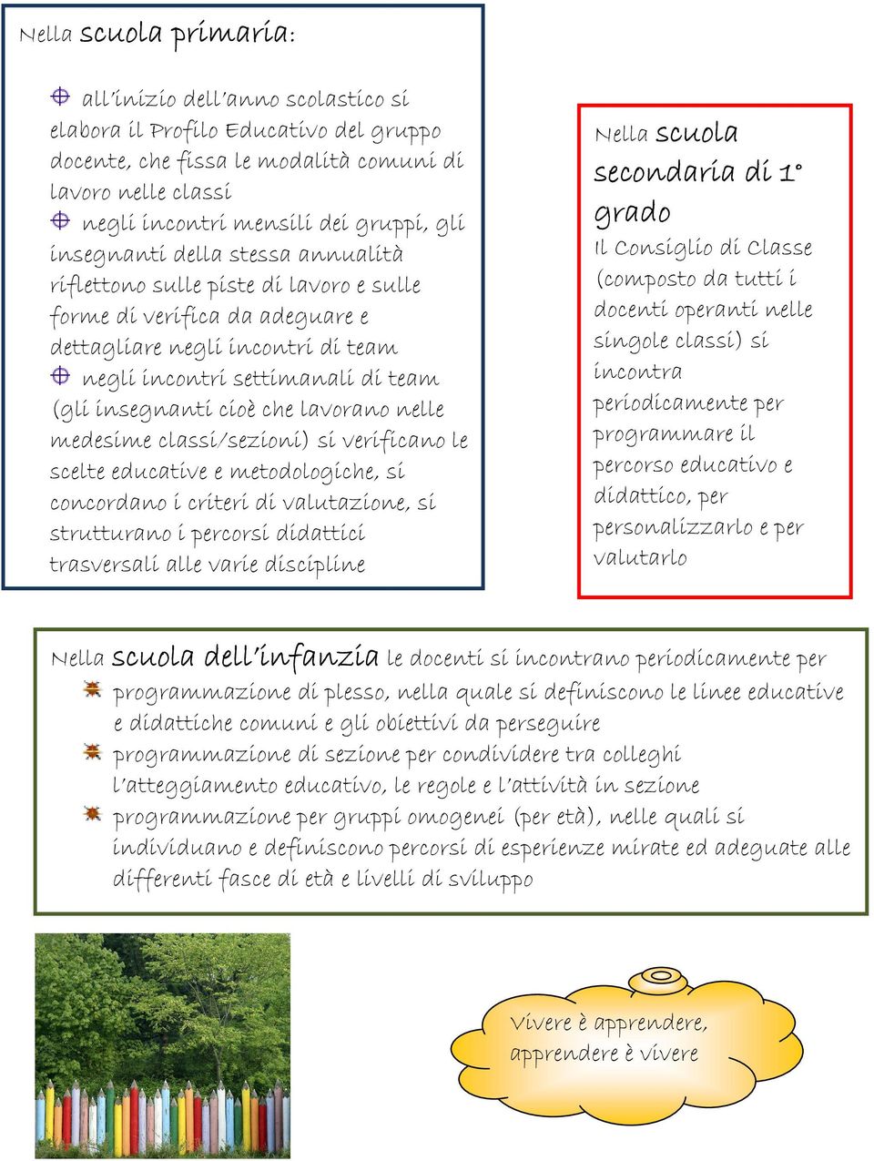 che lavorano nelle medesime classi/sezioni) si verificano le scelte educative e metodologiche, si concordano i criteri di valutazione, si strutturano i percorsi didattici trasversali alle varie