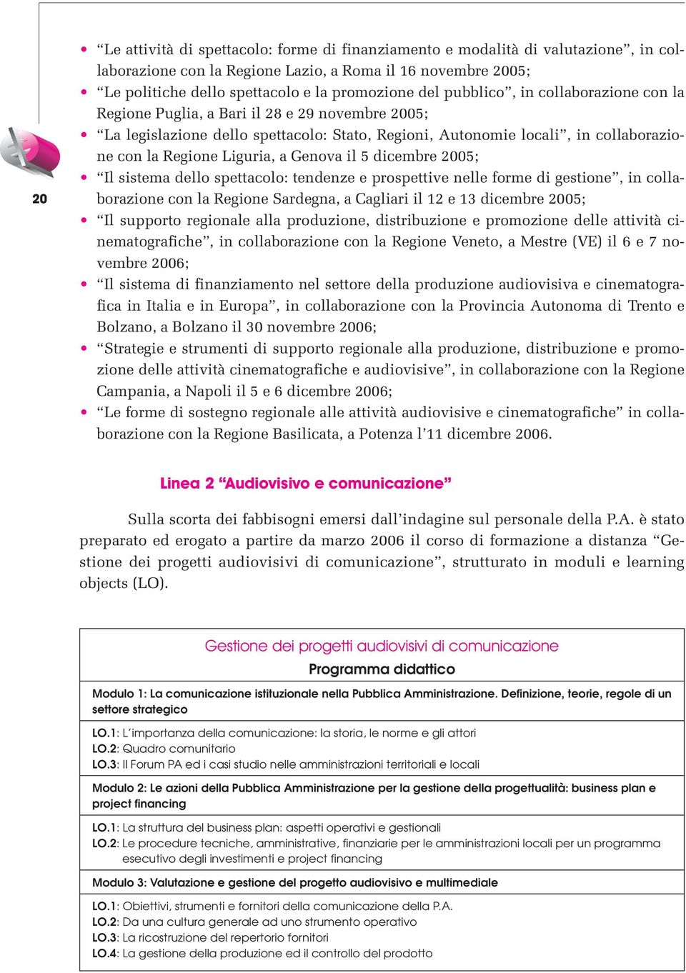 Genova il 5 dicembre 2005; Il sistema dello spettacolo: tendenze e prospettive nelle forme di gestione, in collaborazione con la Regione Sardegna, a Cagliari il 12 e 13 dicembre 2005; Il supporto