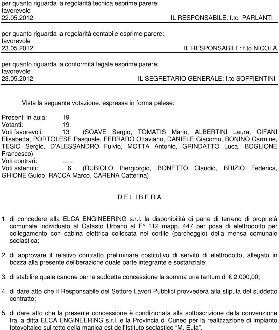 to SOFFIENTINI Vista la seguente votazione, espressa in forma palese: Presenti in aula: 19 Votanti: 19 Voti favorevoli: 13 (SOAVE Sergio, TOMATIS Mario, ALBERTINI Laura, CIFANI Elisabetta, PORTOLESE