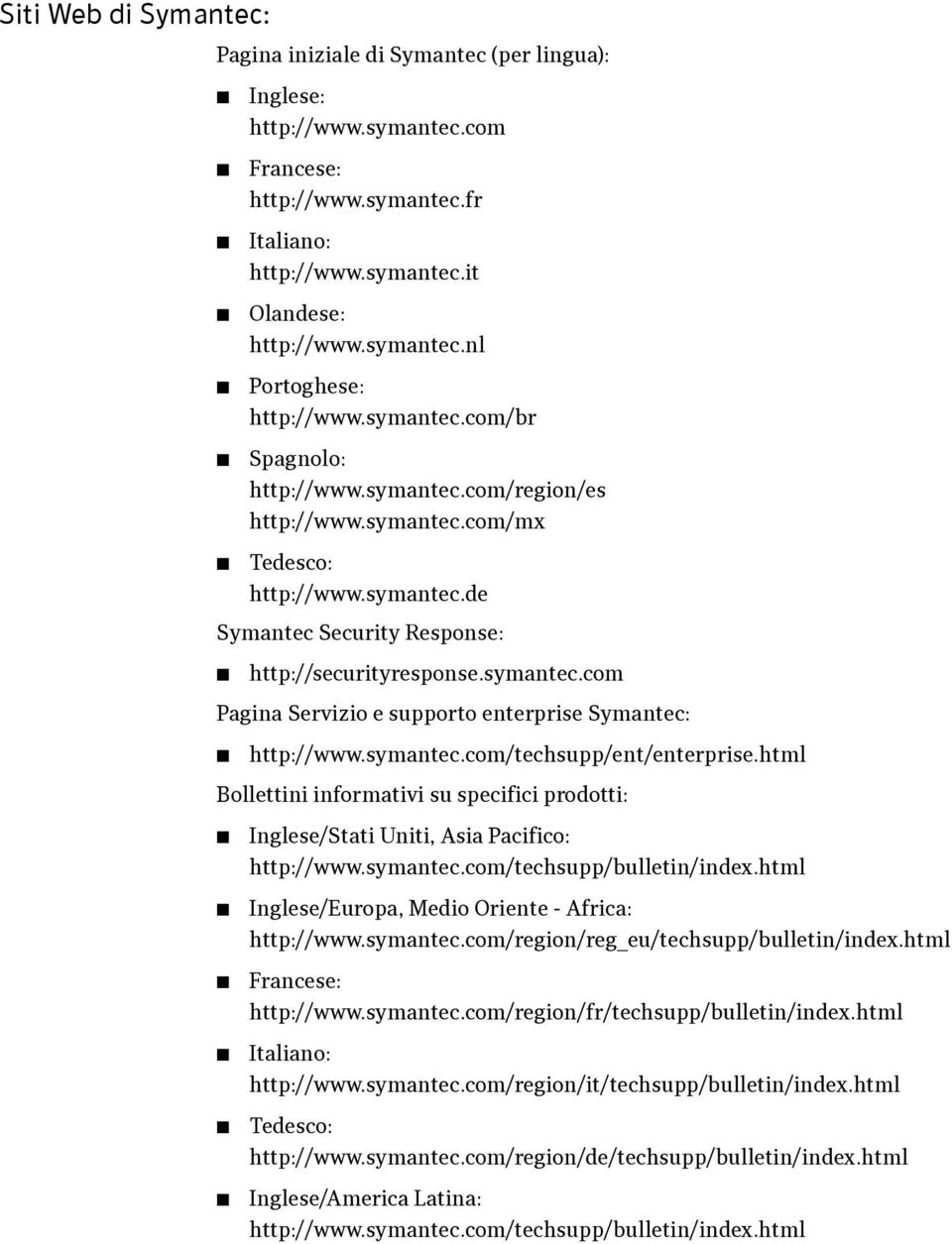 symantec.com/techsupp/ent/enterprise.html Bollettini informativi su specifici prodotti: Inglese/Stati Uniti, Asia Pacifico: http://www.symantec.com/techsupp/bulletin/index.