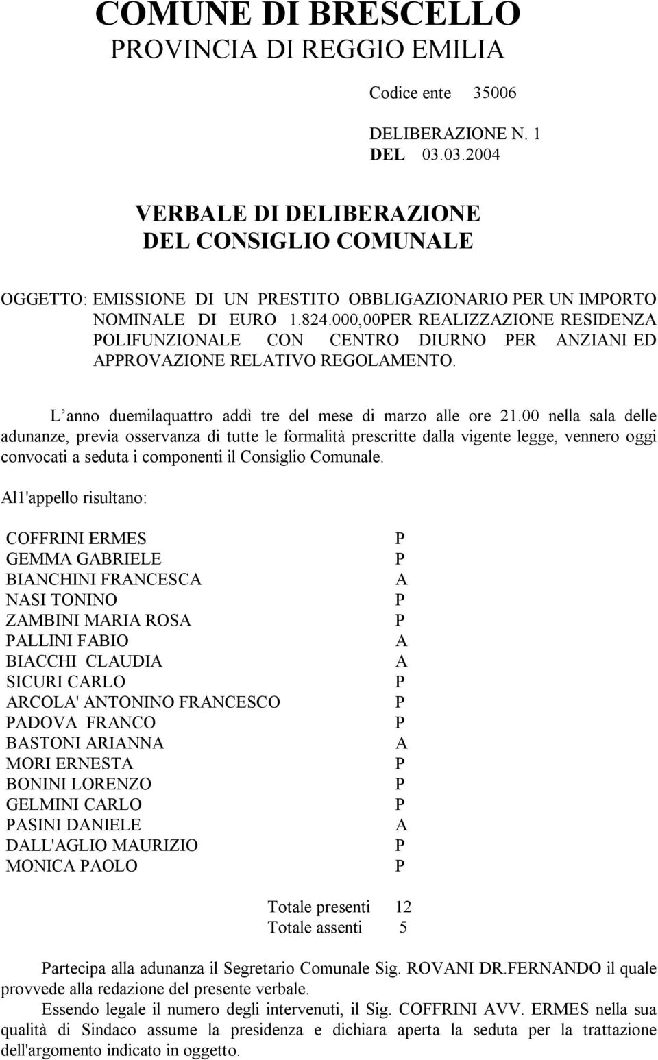 000,00PER REALIZZAZIONE RESIDENZA POLIFUNZIONALE CON CENTRO DIURNO PER ANZIANI ED APPROVAZIONE RELATIVO REGOLAMENTO. L anno duemilaquattro addì tre del mese di marzo alle ore 21.