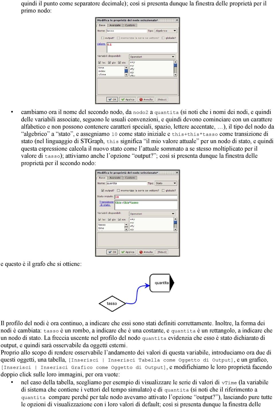 ), il tipo del nodo da algebrico a stato, e assegniamo 10 come stato iniziale e this+this*tasso come transizione di stato (nel linguaggio di STGraph, this significa il mio valore attuale per un nodo