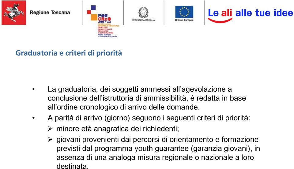 A parità di arrivo (giorno) seguono i seguenti criteri di priorità: minore età anagrafica dei richiedenti; giovani