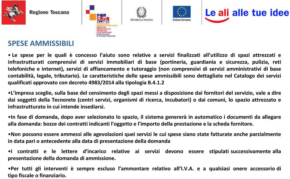 Le caratteristiche delle spese ammissibili sono dettagliate nel Catalogo dei servizi qualificati approvato con decreto 4983/2014