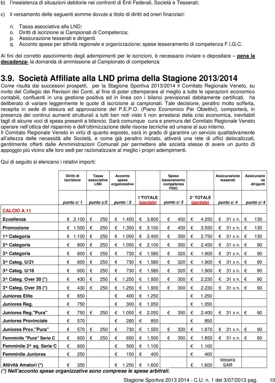 Acconto spese per attività regionale e organizzazione; spese tesseramento di competenza F.I.G.C.