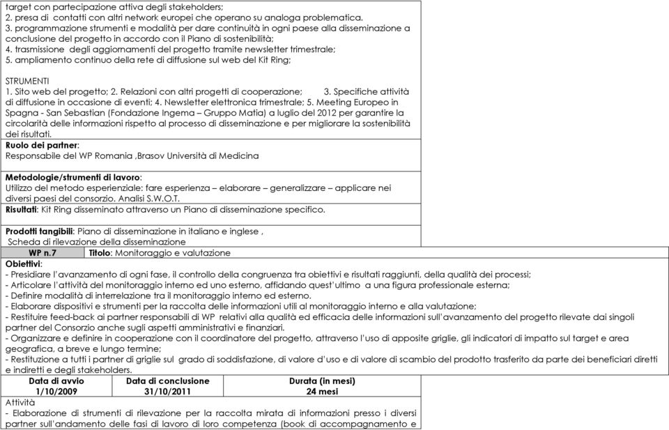 trasmissione degli aggiornamenti del progetto tramite newsletter trimestrale; 5. ampliamento continuo della rete di diffusione sul web del Kit Ring; STRUMENTI 1. Sito web del progetto; 2.