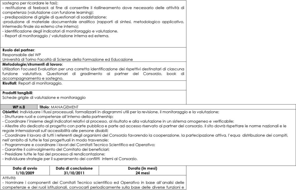 identificazione degli indicatori di monitoraggio e valutazione. - Report di monitoraggio / valutazione interna ed esterna.