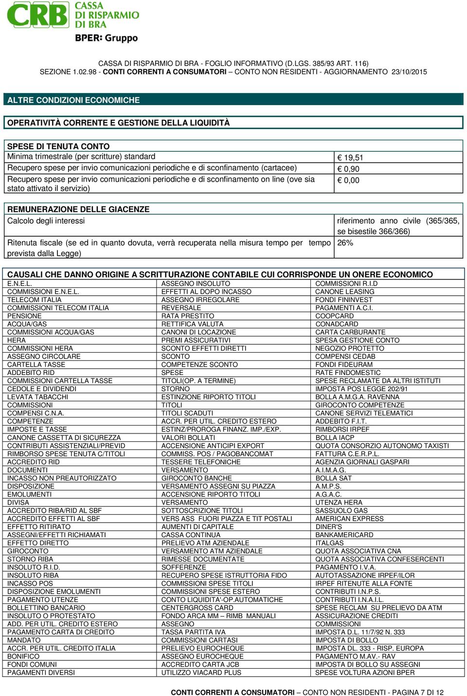 interessi riferimento anno civile (365/365, se bisestile 366/366) Ritenuta fiscale (se ed in quanto dovuta, verrà recuperata nella misura tempo per tempo 26% prevista dalla Legge) CAUSALI CHE DANNO