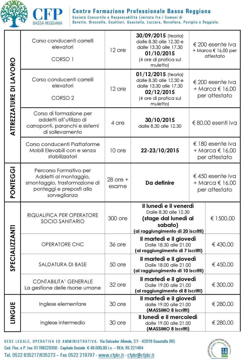 Elevabili con e senza stabilizzatori 10 ore 22-23/10/2015 180 esente Iva per PONTEGGI Percorso Formativo per Addetti al montaggio, smontaggio, trasformazione di ponteggi e preposti alla sorveglianza