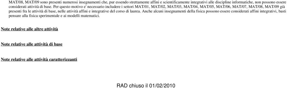 Per questo motivo e' necessario includere i settori MAT/01, MAT/02, MAT/03, MAT/04, MAT/05, MAT/06, MAT/07, MAT/08, MAT/09 già presenti fra le attività di base, nelle attività