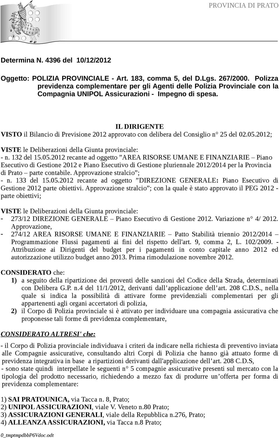 IL DIRIGENTE VISTO il Bilancio di Previsione 2012 approvato con delibera del Consiglio n 25 del 02.05.