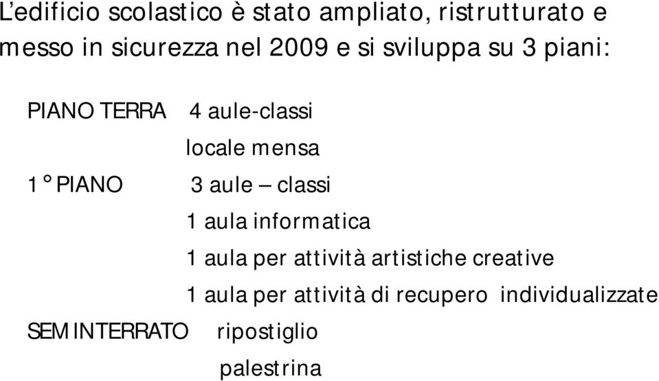 3 aule classi SEMINTERRATO 1 aula informatica 1 aula per attività artistiche