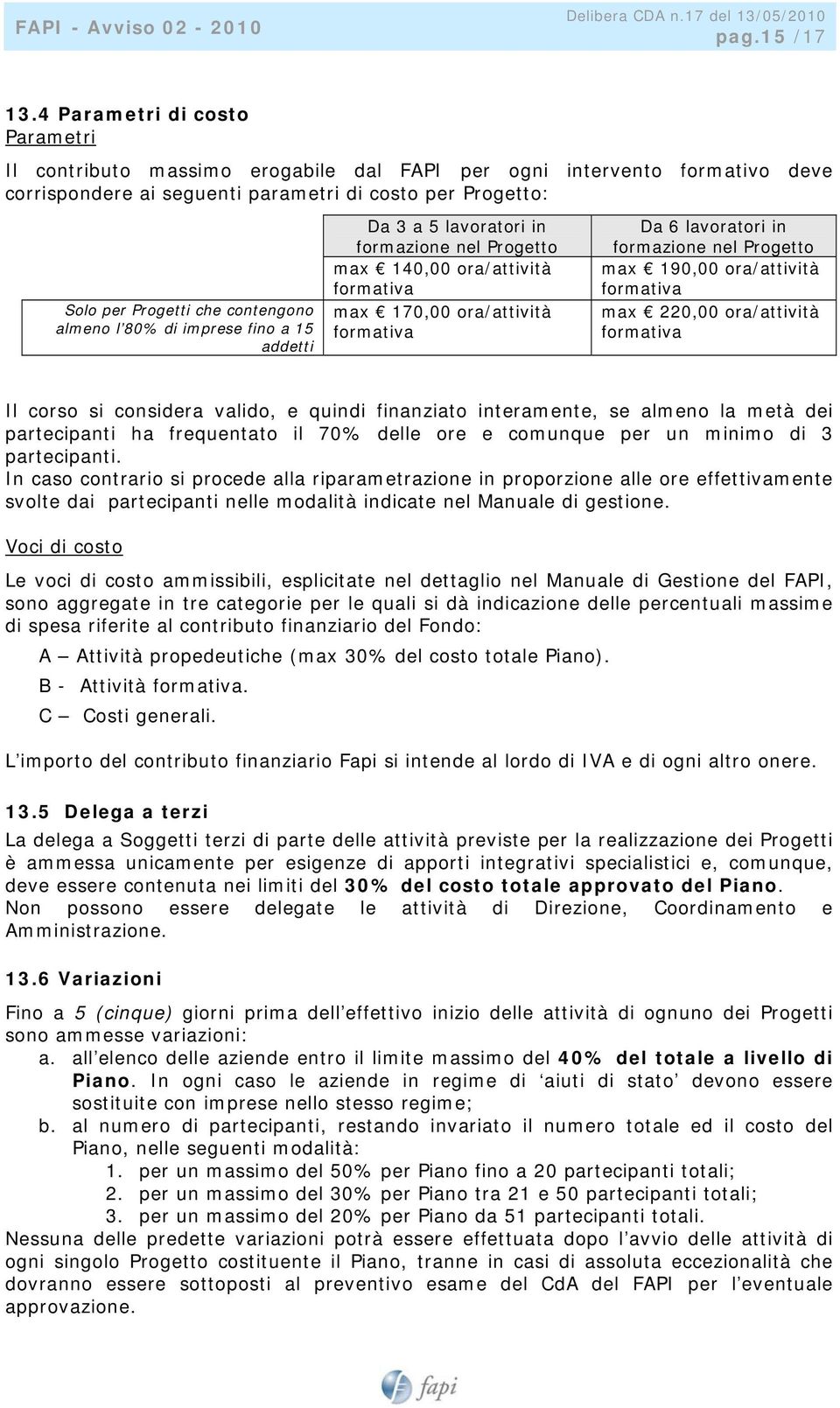 almeno l 80% di imprese fino a 15 addetti Da 3 a 5 lavoratori in formazione nel Progetto max 140,00 ora/attività formativa max 170,00 ora/attività formativa Da 6 lavoratori in formazione nel Progetto