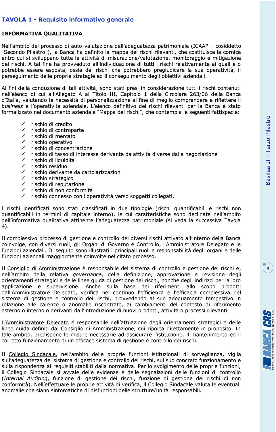 A tal fine ha provveduto all individuazione di tutti i rischi relativamente ai quali è o potrebbe essere esposta, ossia dei rischi che potrebbero pregiudicare la sua operatività, il perseguimento