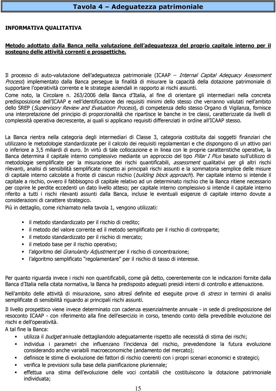 Il processo di auto-valutazione dell adeguatezza patrimoniale (ICAAP Internal Capital Adequacy Assessment Process) implementato dalla Banca persegue la finalità di misurare la capacità della