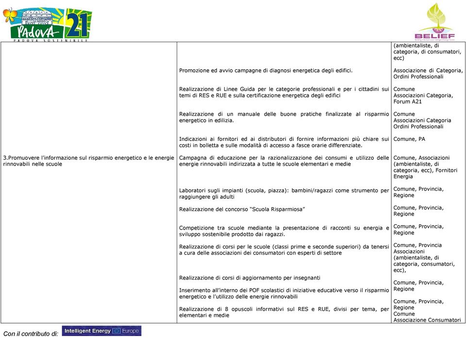 Realizzazione di Linee Guida per le categorie professionali e per i cittadini sui temi di RES e RUE e sulla certificazione energetica degli edifici Realizzazione di un manuale delle buone pratiche