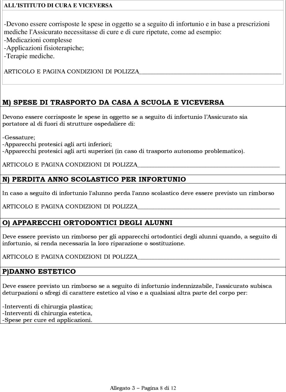 M) SPESE DI TRASPORTO DA CASA A SCUOLA E VICEVERSA Devono essere corrisposte le spese in oggetto se a seguito di infortunio l Assicurato sia portatore al di fuori di strutture ospedaliere di: