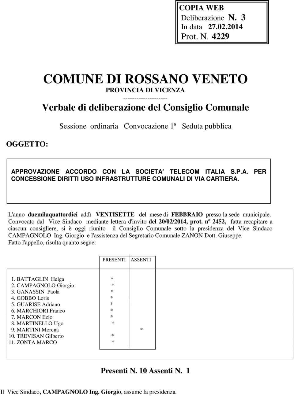 4229 OGGETTO: COMUNE DI ROSSANO VENETO PROVINCIA DI VICENZA -------------------- Verbale di deliberazione del Consiglio Comunale Sessione ordinaria Convocazione 1ª Seduta pubblica APPROVAZIONE