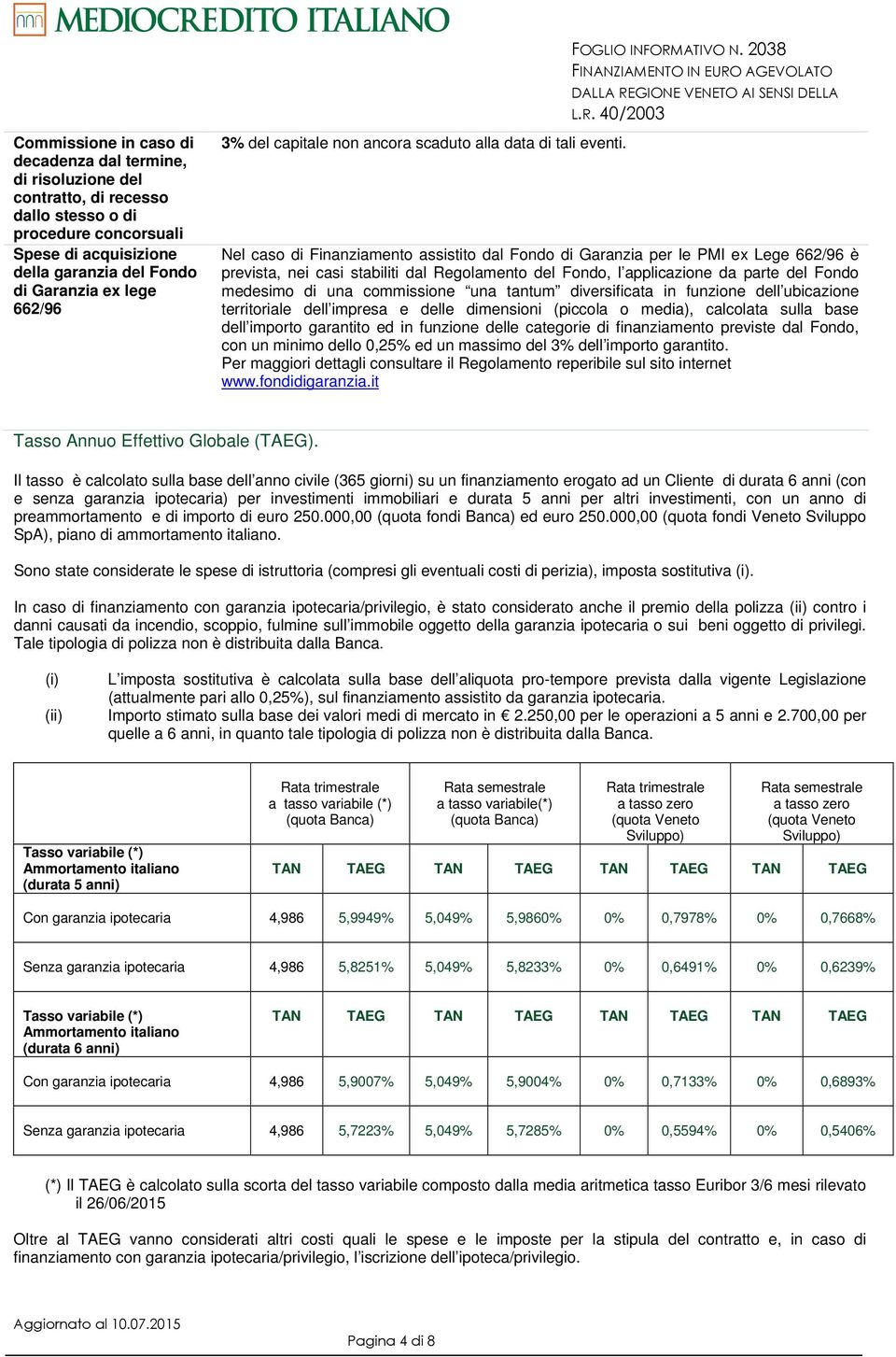 2038 Nel caso di Finanziamento assistito dal Fondo di Garanzia per le PMI ex Lege 662/96 è prevista, nei casi stabiliti dal Regolamento del Fondo, l applicazione da parte del Fondo medesimo di una