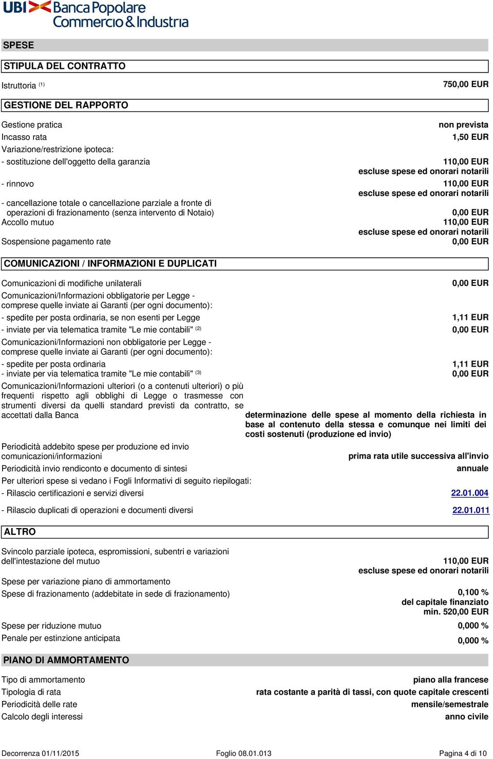 di frazionamento (senza intervento di Notaio) 0,00 EUR Accollo mutuo 110,00 EUR escluse spese ed onorari notarili Sospensione pagamento rate 0,00 EUR 0,00 EUR COMUNICAZIONI / INFORMAZIONI E DUPLICATI