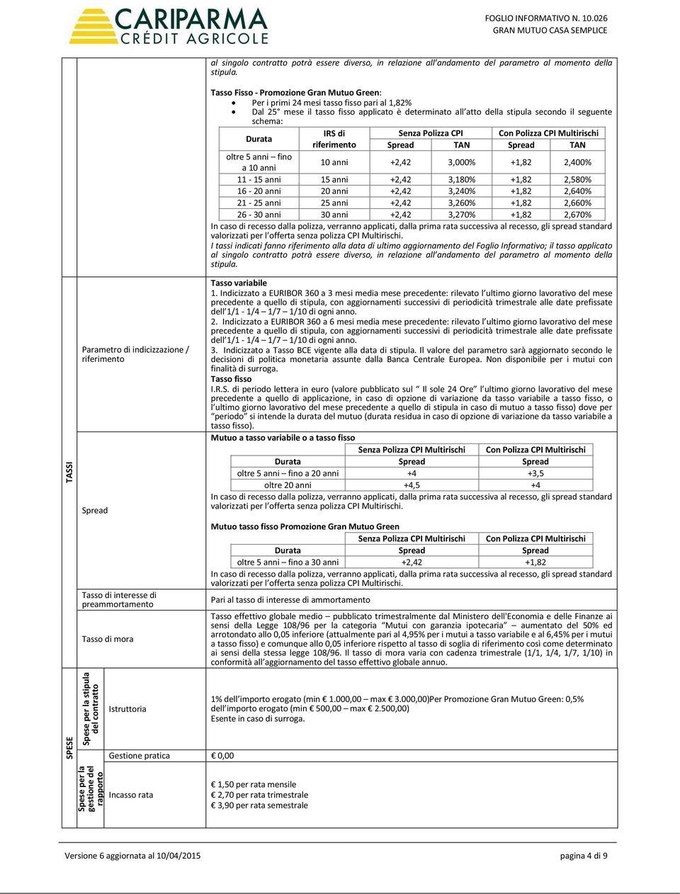 IRS di Senza Polizza CPI Con Polizza CPI Multirischi riferimento Spread TAN Spread TAN oltre 5 anni fino a 10 anni 10 anni +2,42 3,000% +1,82 2,400% 11-15 anni 15 anni +2,42 3,180% +1,82 2,580% 16-20