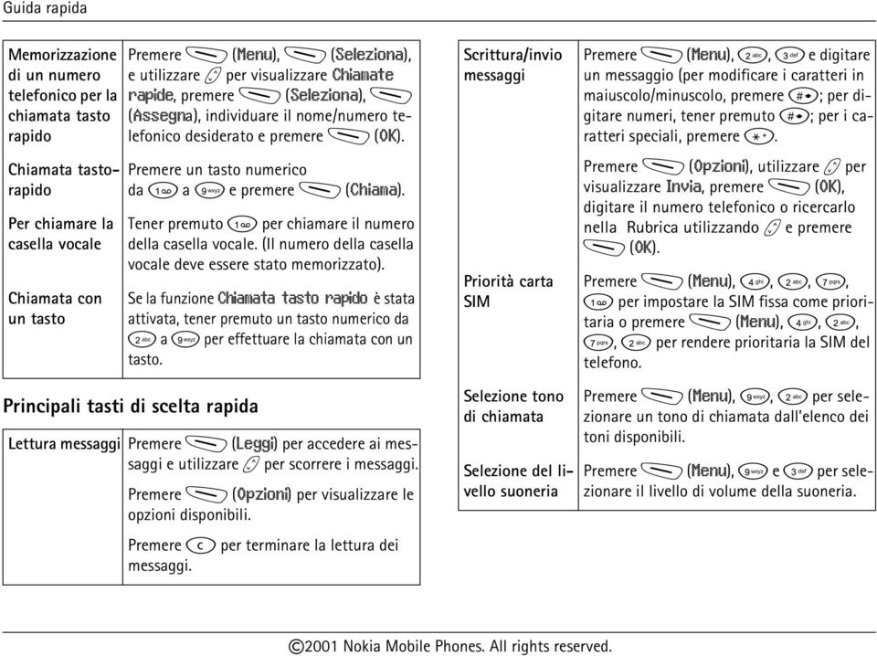 Premere un tasto numerico da 1 a 9 e premere M (Chiama). Tener premuto 1 per chiamare il numero della casella vocale. (Il numero della casella vocale deve essere stato memorizzato).