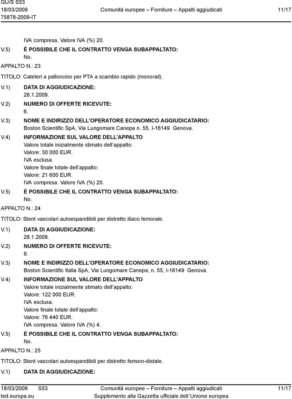 TITOLO: Stent vascolari autoespandibili per distretto iliaco femorale. APPALTO N.: 25 9.