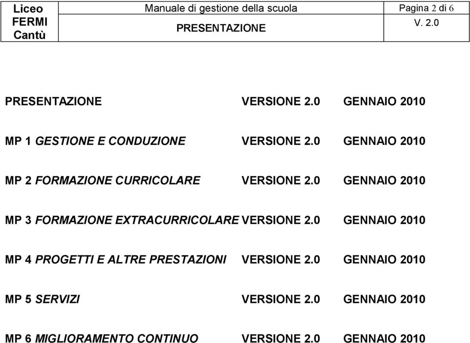 0 GENNAIO 2010 MP 2 FORMAZIONE CURRICOLARE VERSIONE 2.