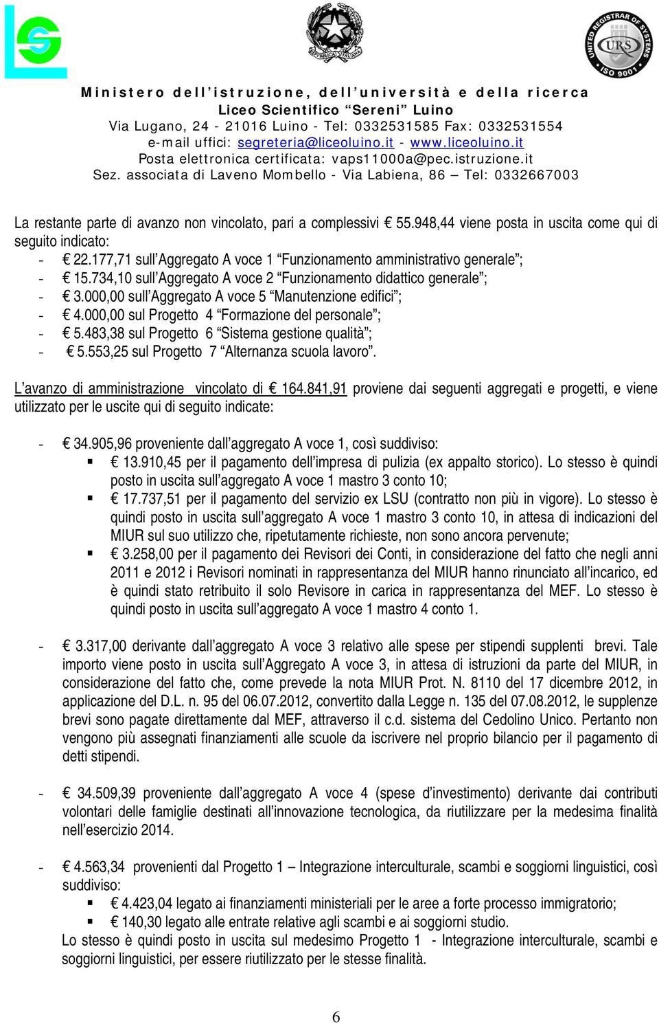 000,00 sull Aggregato A voce 5 Manutenzione edifici ; - 4.000,00 sul Progetto 4 Formazione del personale ; - 5.483,38 sul Progetto 6 Sistema gestione qualità ; - 5.