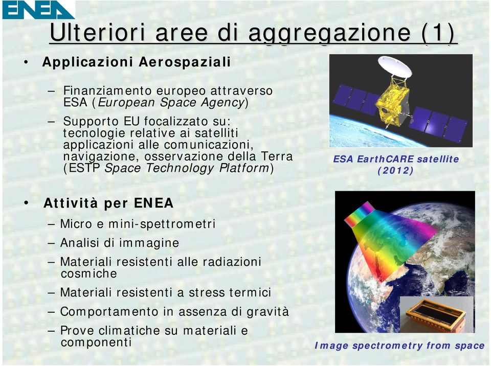 Platform) Attività per ENEA Micro e mini-spettrometri Analisi di immagine Materiali resistenti alle radiazioni cosmiche Materiali resistenti a