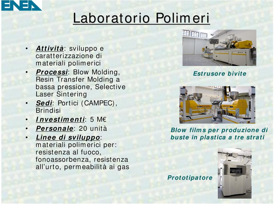 Personale: 20 unità Linee di sviluppo: materiali polimerici per: resistenza al fuoco, fonoassorbenza, resistenza