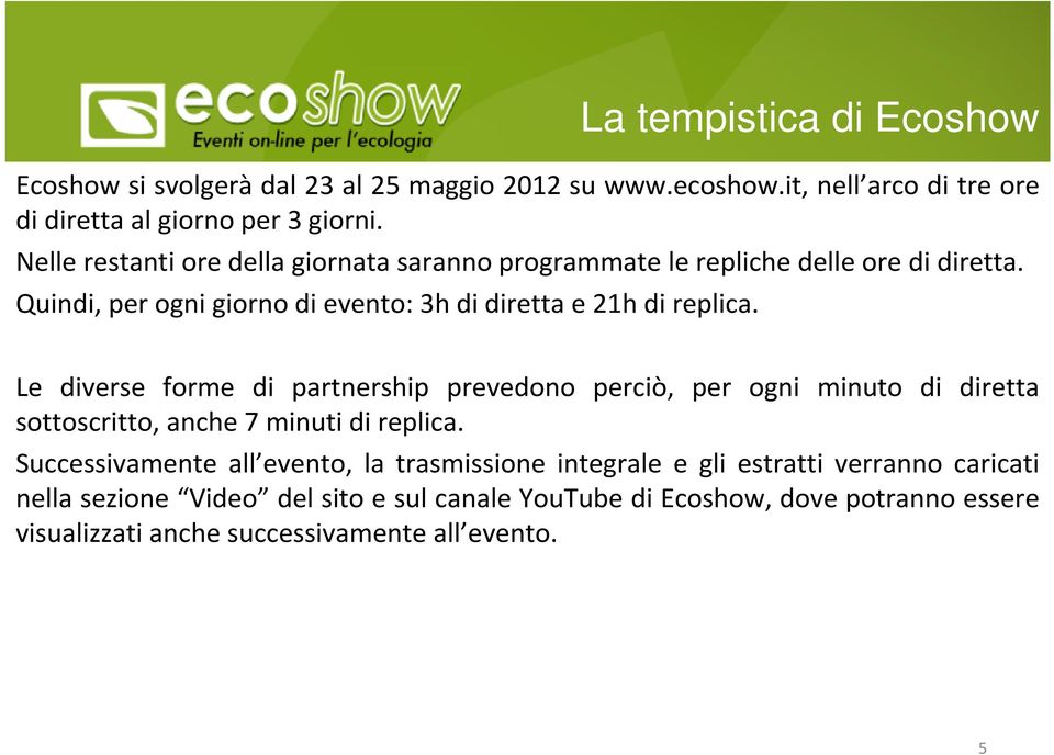 La tempistica di Ecoshow Le diverse forme di partnership prevedono perciò, per ogni minuto di diretta sottoscritto, anche 7 minuti di replica.