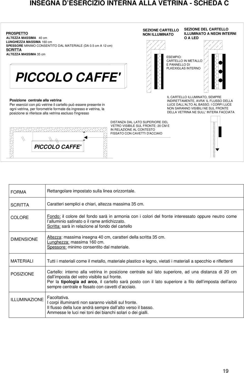 INTERNO Posizione centrale alla vetrina Per esercizi con più vetrine il cartello può essere presente in ogni vetrina, per forometrie formate da ingresso e vetrina, la posizione si riferisce alla