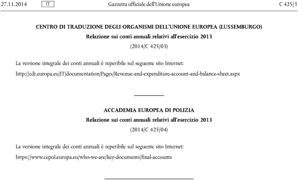 relativi all esercizio 2013 (2014/C 425/03) La versione integrale dei conti annuali è reperibile sul seguente sito Internet: http://cdt.europa.