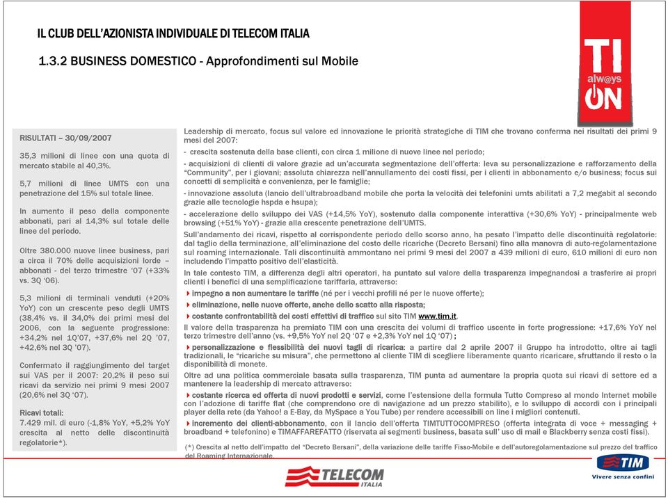 000 nuove linee business, pari a circa il 70% delle acquisizioni lorde abbonati - del terzo trimestre 07 (+33% vs. 3Q 06).