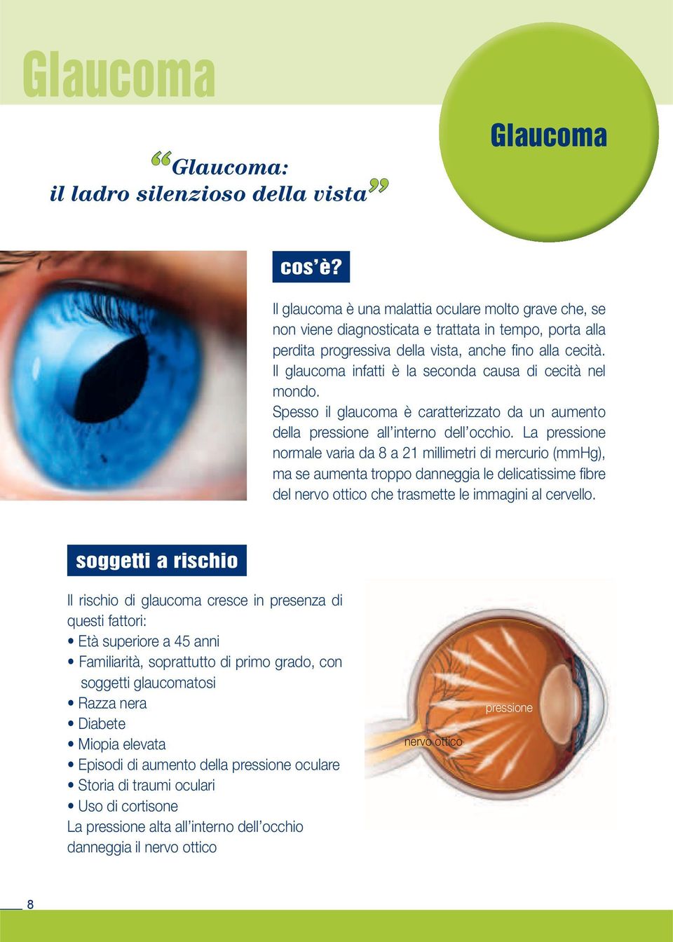 Il glaucoma infatti è la seconda causa di cecità nel mondo. Spesso il glaucoma è caratterizzato da un aumento della pressione all interno dell occhio.