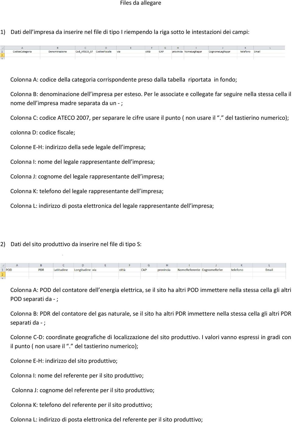 Per le associate e collegate far seguire nella stessa cella il nome dell impresa madre separata da un - ; Colonna C: codice ATECO 2007, per separare le cifre usare il punto ( non usare il.