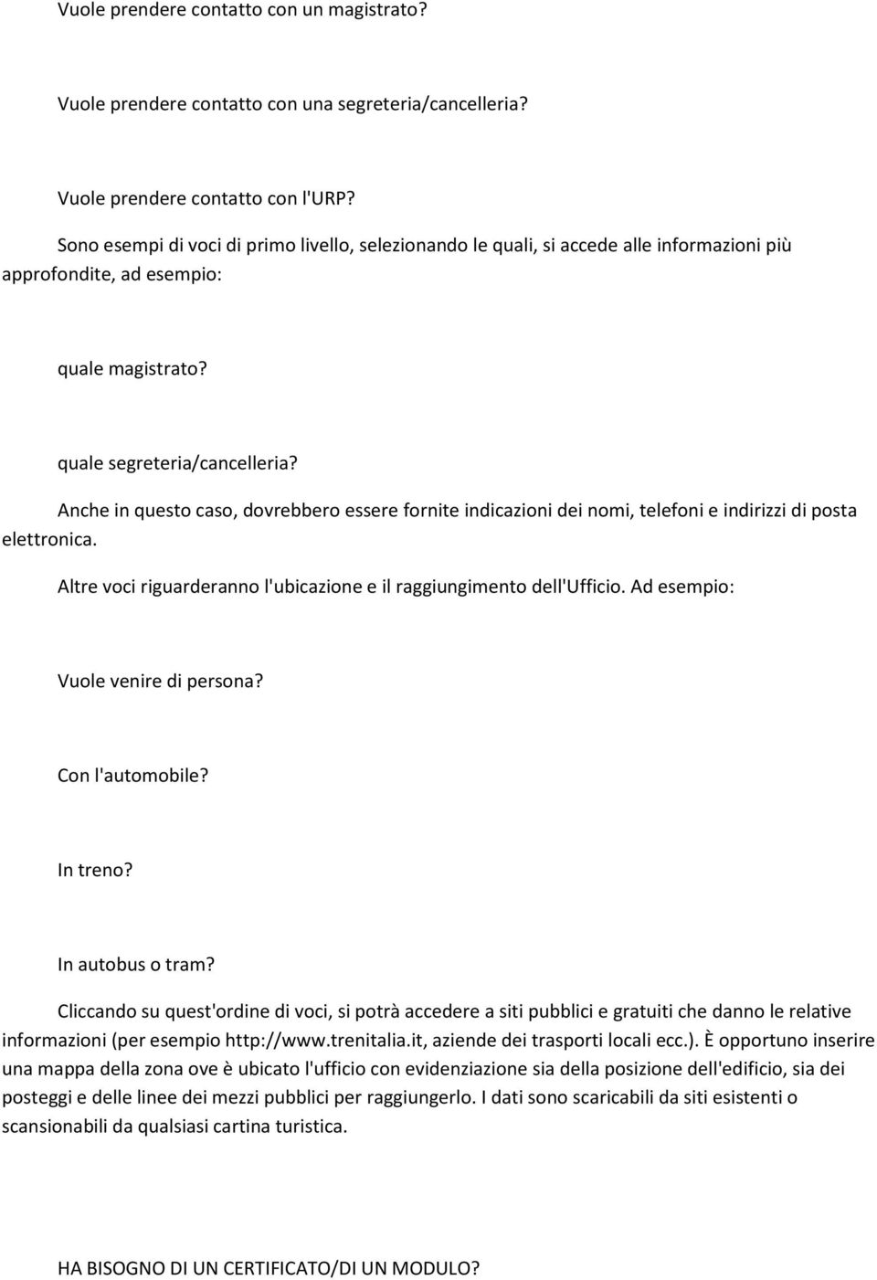 Anche in questo caso, dovrebbero essere fornite indicazioni dei nomi, telefoni e indirizzi di posta elettronica. Altre voci riguarderanno l'ubicazione e il raggiungimento dell'ufficio.