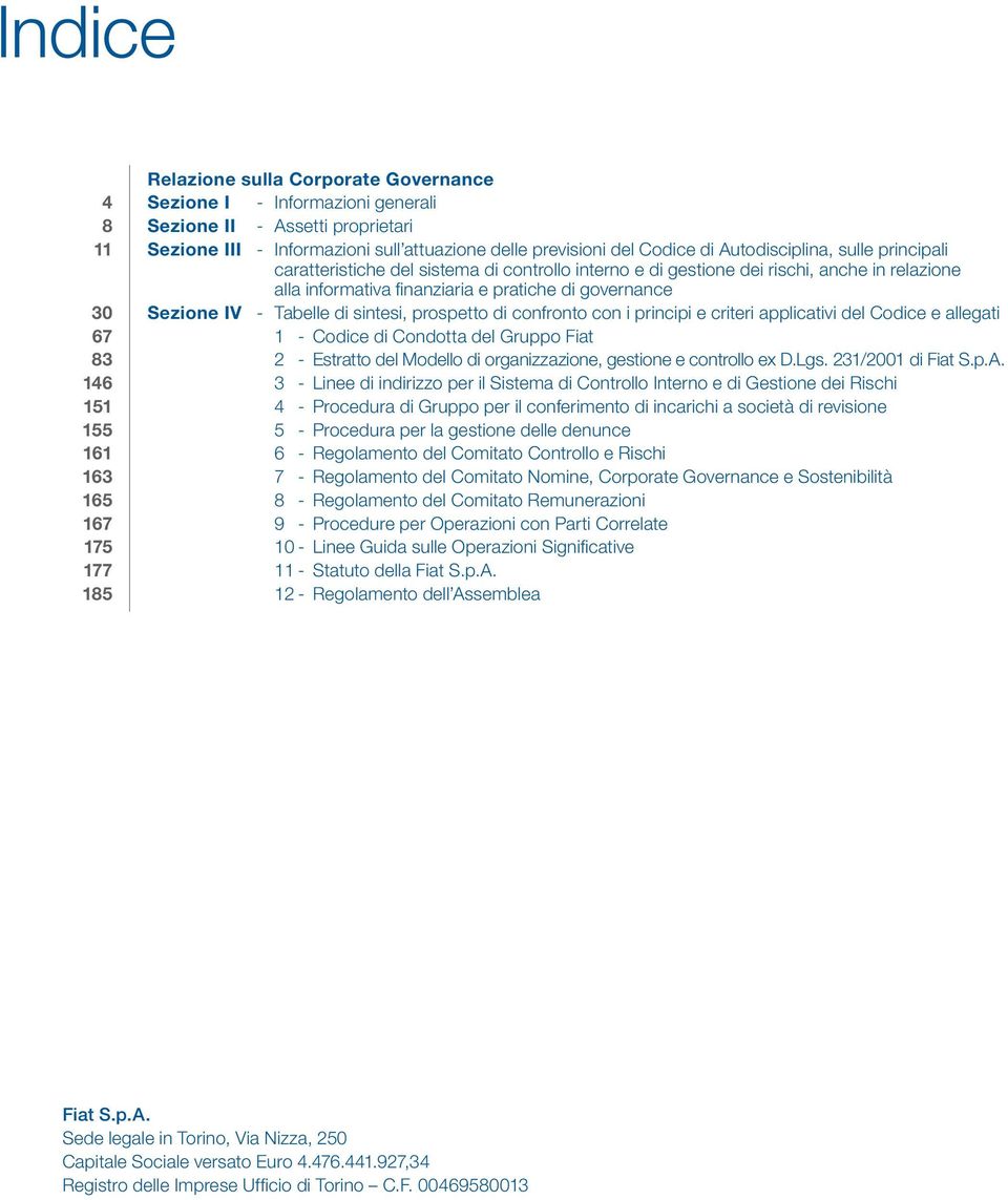 Tabelle di sintesi, prospetto di confronto con i principi e criteri applicativi del Codice e allegati 67 1 - Codice di Condotta del Gruppo Fiat 83 2 - Estratto del Modello di organizzazione, gestione