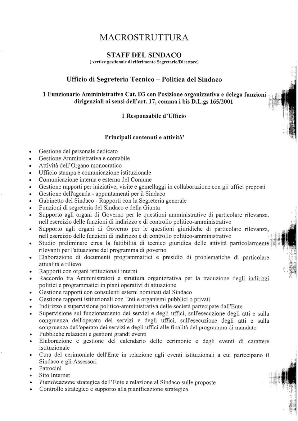 gs 165/2001 Principali cntenuti e attività' Gestine del persnale dedicat Gestine Amministrativa e cntabile Attività dell'organ rnncratic Uffici stampa e cmunicazine istituzinale Cmunicazine interna e