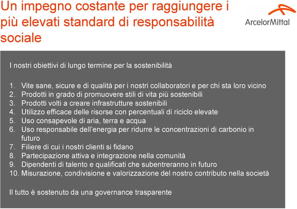 Prodotti volti a creare infrastrutture sostenibili 4. Utilizzo efficace delle risorse con percentuali di riciclo elevate 5. Uso consapevole di aria, terra e acqua 6.