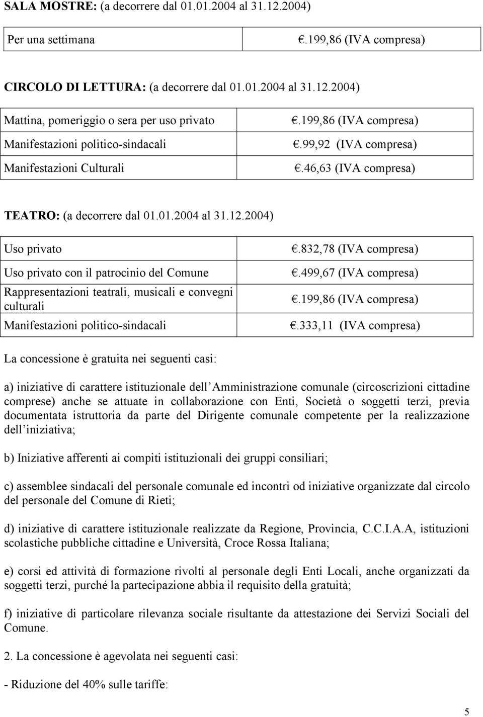 2004) Uso privato Uso privato con il patrocinio del Comune Rappresentazioni teatrali, musicali e convegni culturali Manifestazioni politico-sindacali.832,78 (IVA compresa).499,67 (IVA compresa).