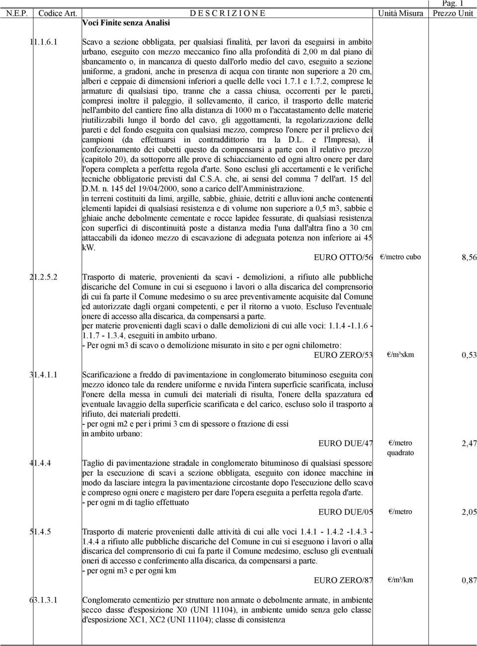 questo dall'orlo medio del cavo, eseguito a sezione uniforme, a gradoni, anche in presenza di acqua con tirante non superiore a 20 cm, alberi e ceppaie di dimensioni inferiori a quelle delle voci 1.7.