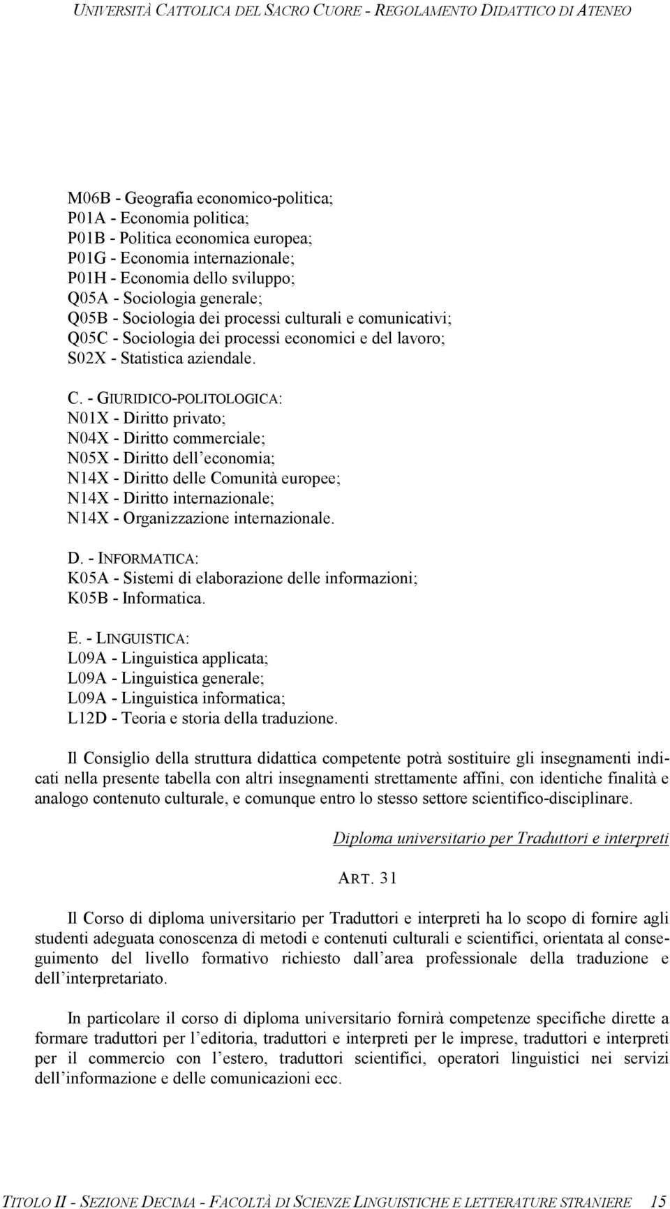 - GIURIDICO-POLITOLOGICA: N01X - Diritto privato; N04X - Diritto commerciale; N05X - Diritto dell economia; N14X - Diritto delle Comunità europee; N14X - Diritto internazionale; N14X - Organizzazione