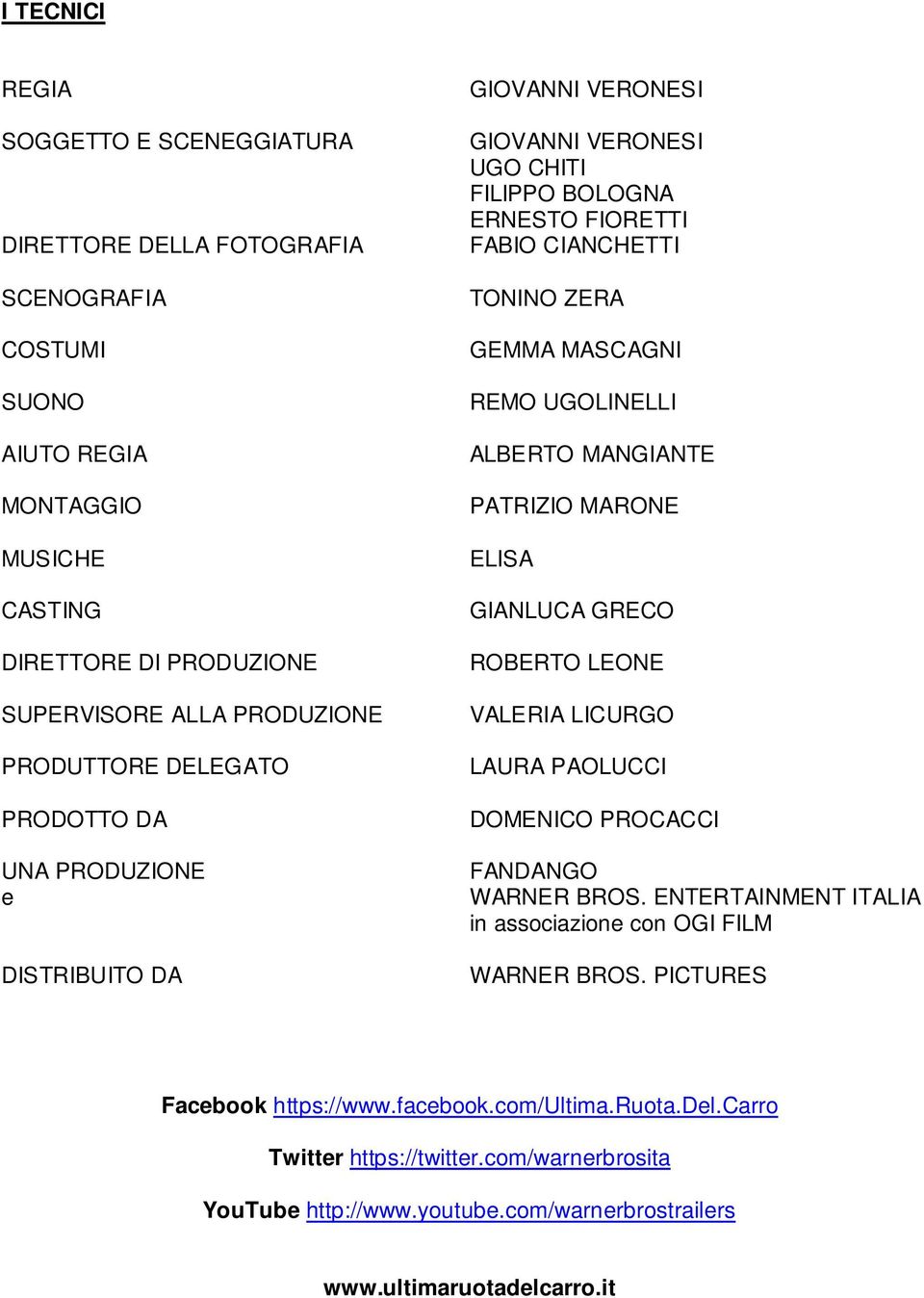 UGOLINELLI ALBERTO MANGIANTE PATRIZIO MARONE ELISA GIANLUCA GRECO ROBERTO LEONE VALERIA LICURGO LAURA PAOLUCCI DOMENICO PROCACCI FANDANGO WARNER BROS.