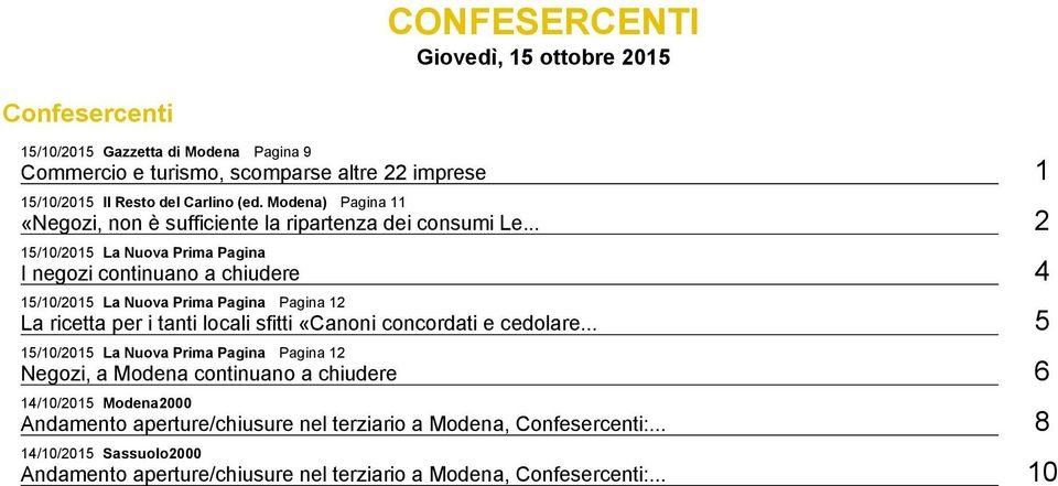 .. 2 15/10/2015 La Nuova Prima Pagina I negozi continuano a chiudere 4 15/10/2015 La Nuova Prima Pagina Pagina 12 La ricetta per i tanti locali sfitti «Canoni