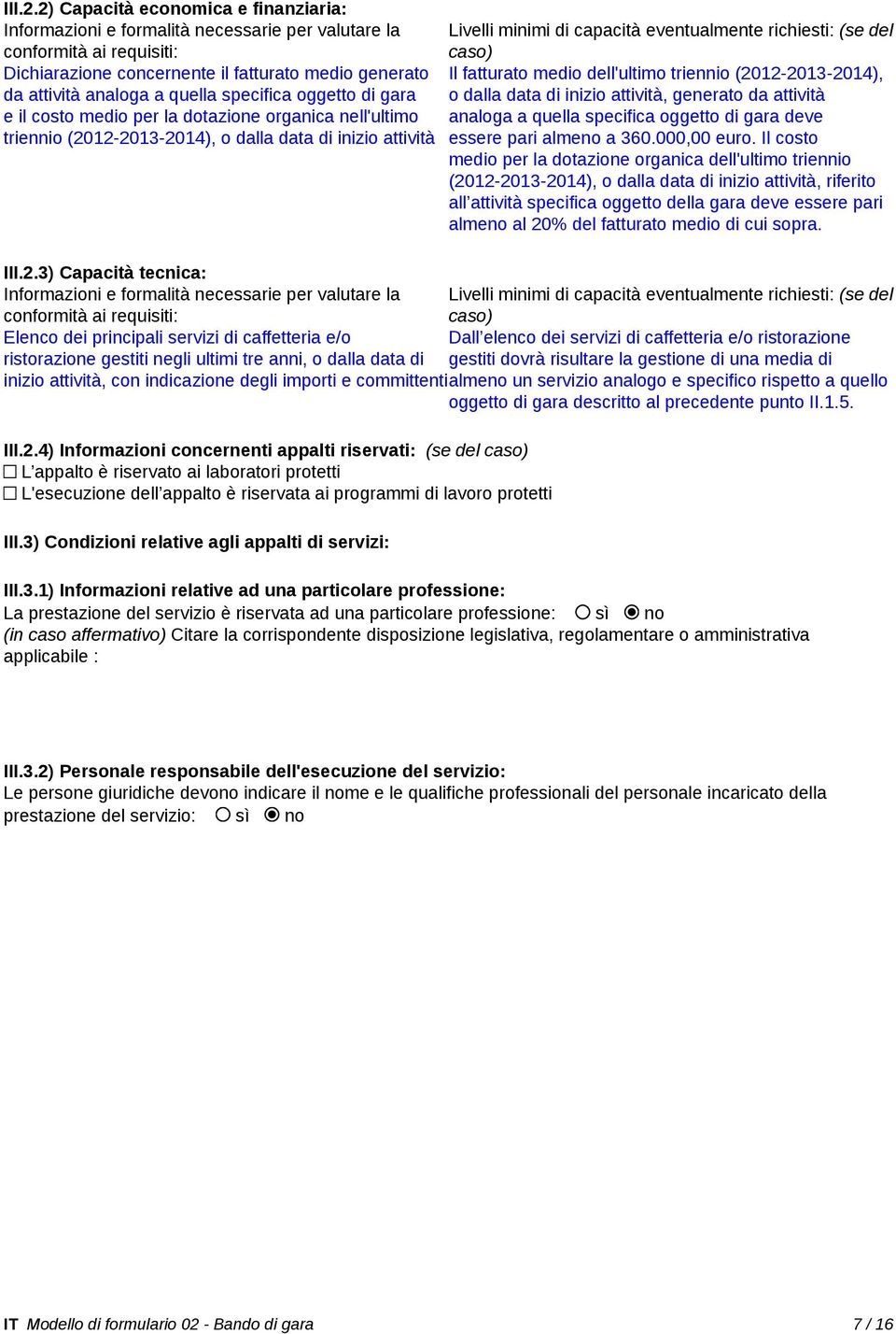 specifica oggetto di gara e il costo medio per la dotazione organica nell'ultimo triennio (2012-2013-2014), o dalla data di inizio attività Livelli minimi di capacità eventualmente richiesti: (se del