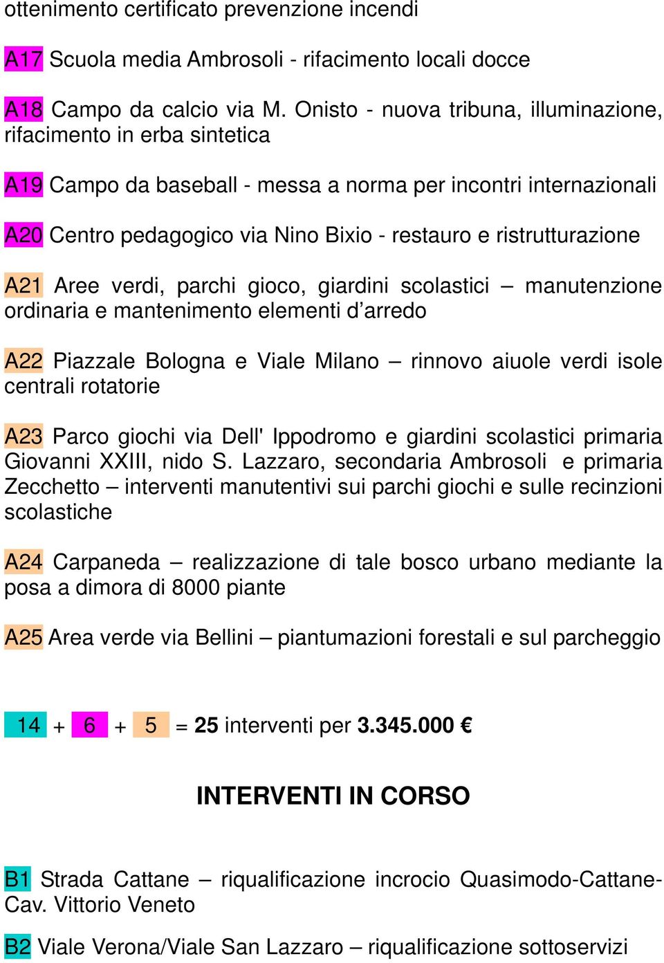 ristrutturazione A21 Aree verdi, parchi gioco, giardini scolastici manutenzione ordinaria e mantenimento elementi d arredo A22 Piazzale Bologna e Viale Milano rinnovo aiuole verdi isole centrali