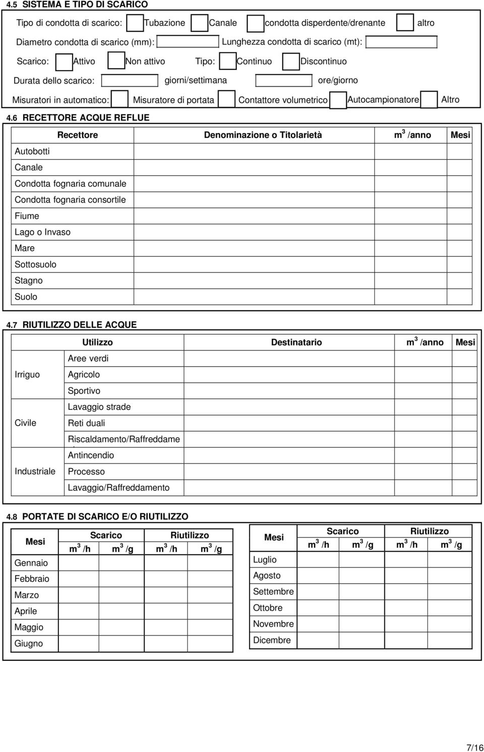 6 RECETTORE ACQUE REFLUE Recettore Denominazione o Titolarietà m 3 /anno Mesi Autobotti Canale Condotta fognaria comunale Condotta fognaria consortile Fiume Lago o Invaso Mare Sottosuolo Stagno Suolo
